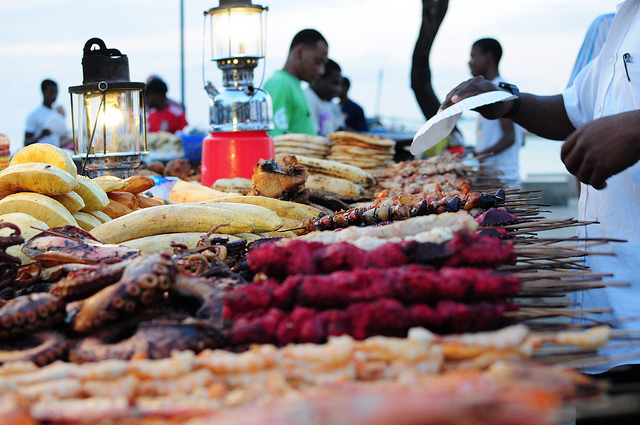 Fish and meet skewers at Forodhani